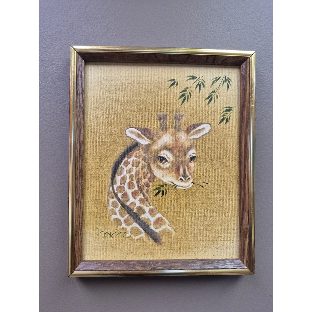 Vintage 1984 Peggy Harris Giraffe Oil Painting Framed Safari Animal Retro Decor